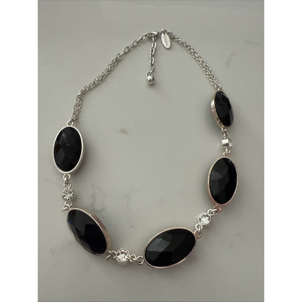 Vintage Signed George Black Faceted & Rhinestone Necklace Choker 18"